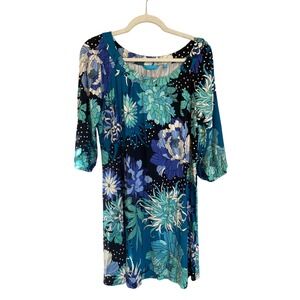 Tori Richard Honolulu Womens Floral Print 3/4 Sleeve Dress Size S Blue